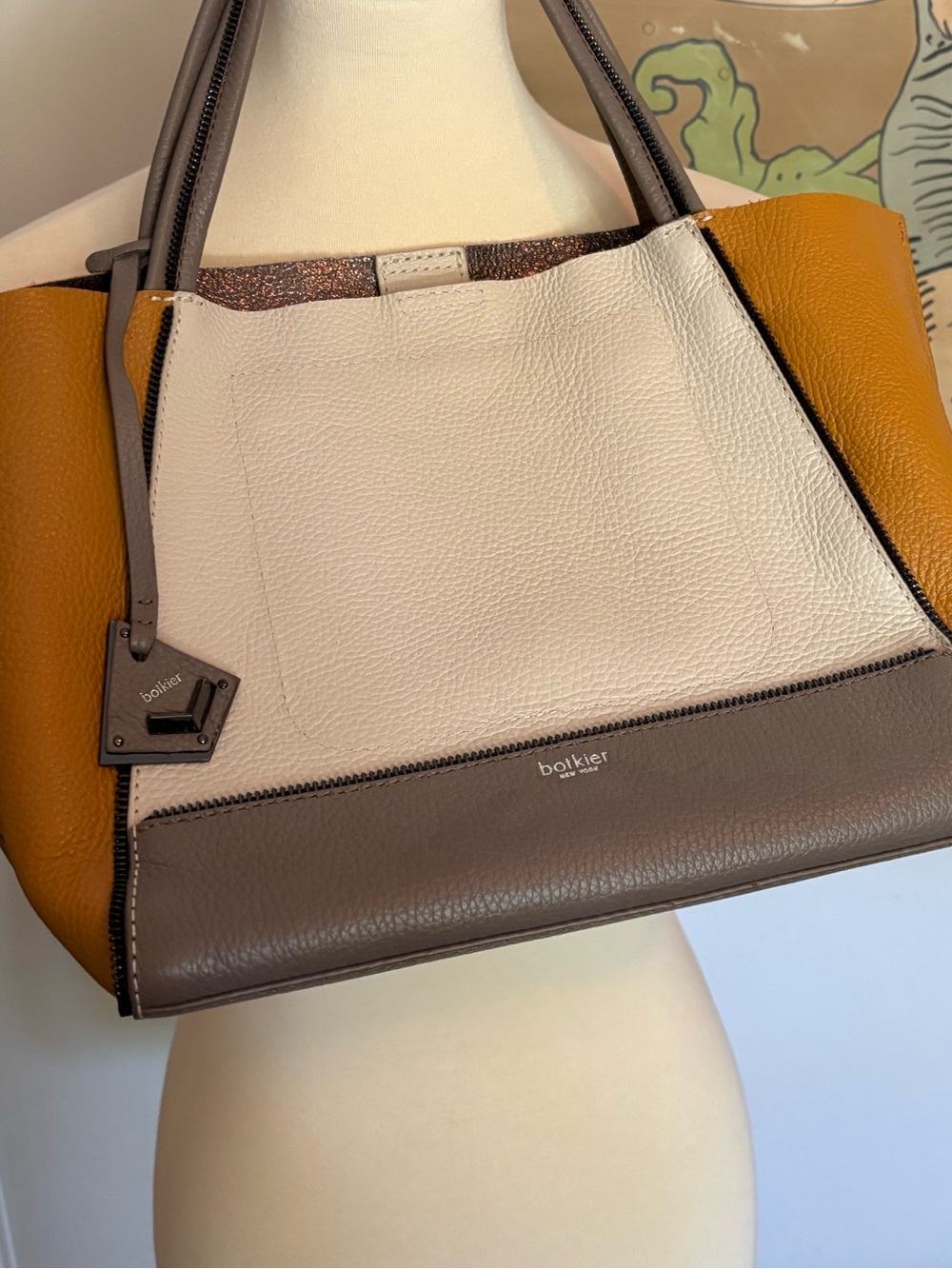 Bolkier color block bag in mustard, gray and tan
